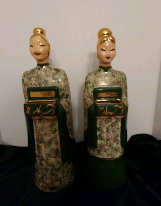 Pair Mid Century Arts Studio Asian Ceramic Figures Signed.  Tall Approx.  14 "