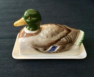 Vintage Otagiri Handpainted Mallard Duck Butter Dish Japan