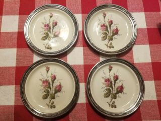 Rosenthal Moss Rose Bahnhof Selb Germany Sterling Silver 4 Rimmed Coasters