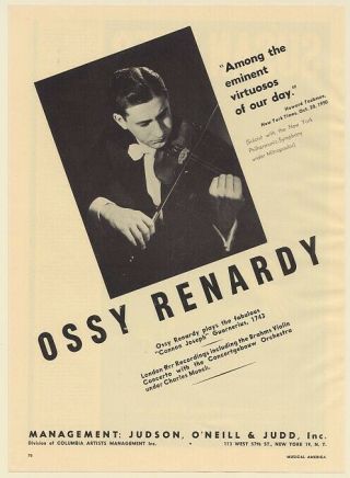 1951 Ossy Renardy Violinist Photo Booking Print Ad