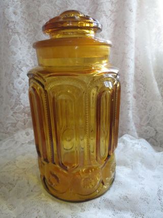 Vintage Le Smith Moon & Stars Large Amber Glass Jar Canister 11 1/2 Inches Tall