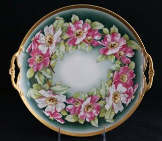 Antique Limoges France Coronet Hand Painted Flowers Cake Plate Handled Gold Rim