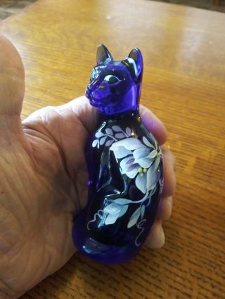 Fenton Cat Figurine Cobalt Blue Glass Hand Painted Floral Artist Signed