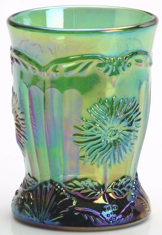 Emerald Green Carnival Glass Dahlia Pattern Tumbler - Mosser Usa