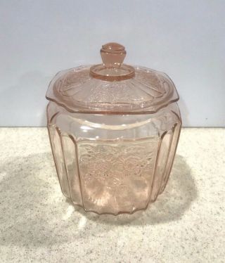 Vintage Pink Depression Glass Biscuit Cookie Jar W/lid Mayfair Open Rose Pattern