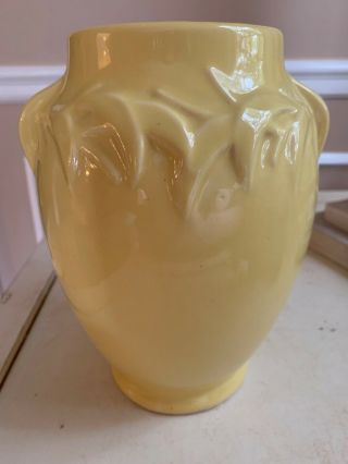 Vintage Artdeco Mccoy Pottery Vase Yellow Shiny Glaze Leaf Pattern Double Handle