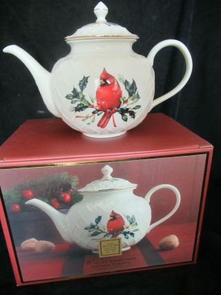 Lenox Holidays Winter Greetings Carved Teapot Cardinal Holly