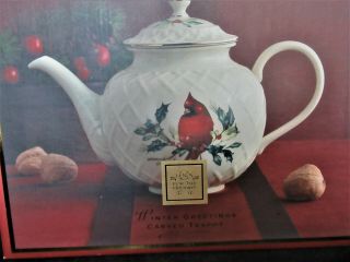 Lenox Holidays Winter Greetings Carved Teapot Cardinal Holly 2