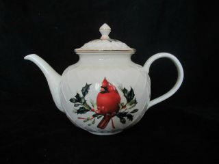 Lenox Holidays Winter Greetings Carved Teapot Cardinal Holly 3