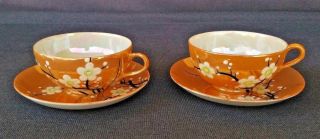 Vintage Made In Japan Luster Ware Tea Cups & Saucers Orange Cherry Blossom