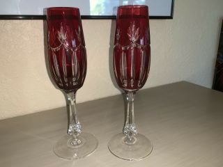 Vintage 2 Bohemian Red Cut To Clear Crystal Champagne Wine Flute Glass Czech