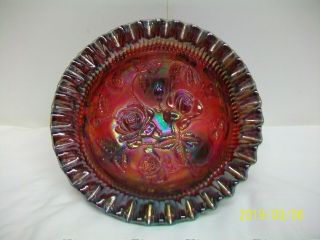 VINTAGE IMPERIAL OPEN ROSE AMETHYST CARNIVAL GLASS FOOTED BOWL SIGNED EXC 3