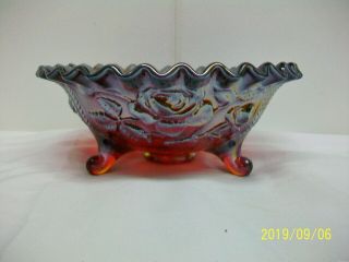 VINTAGE IMPERIAL OPEN ROSE AMETHYST CARNIVAL GLASS FOOTED BOWL SIGNED EXC 4