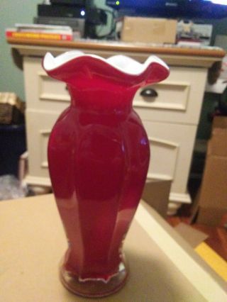 Vintage Red With White Overlay Cased - Glass Vase