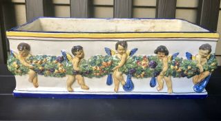 Rare Vintage Italian Ceramic Raised Angel Planter Box 14”x6 Signed/numbered
