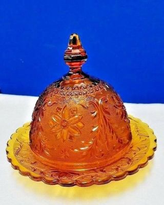 Tiara Glass Sandwich Amber Round Covered Butter Dish With Lid