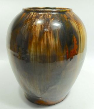 Vintage Deco 1930s Brush Mccoy Gold Green Brown Oil Drip Onyx Vase Jar 2
