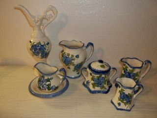 8 Cash Family Pottery Blue Flowers Set Stein,  Pitchers,  Sugar,  Creamers