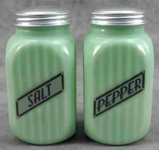 Jadeite Green Glass Tall Salt & Pepper Shaker Set Ribbed Column Label Design