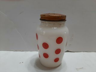Vintage Fire King Red & White Polka Dot Pepper Shaker Only White Milk Glass 4