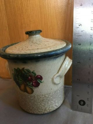 Vintage Monroe Salt Pottery Salt Glaze 4 Inch 12 Ounce Covered Crock Fruit