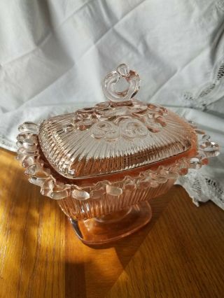 Vintage Pink Depression Glass Pedestal Candy Dish With Lid 8