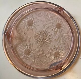 Jeannette Pink Depression Glass Cake Plate Sunflowers 3 Footed