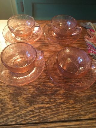 Jeannette Pink Depression Glass Doric & Pansy Pretty Polly Child Cups & Saucers