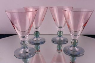4 Footed Pink Glass Goblet Sherbet Wine Aqua Green Iridescent Ball Stem & Foot