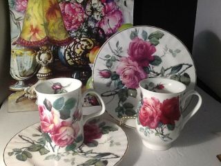 Roy Kirkham English Rose Fine Bone China 2 Cups And 2 Plates Made In England