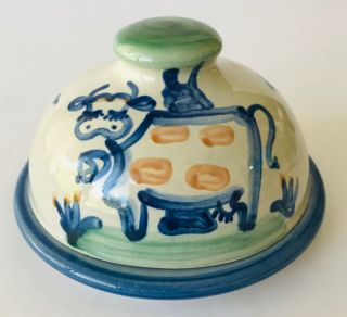 Ma Hadley Pottery Country Scene Blue Round Covered Butter Cheese Dish 6.  5 " Cow