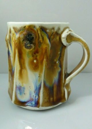 Phil Mayhew Hand Thrown Studio Pottery Mug Cup Brown Blue Glaze Artist Signed