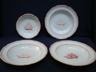 4pc Spode Red Trade Winds - 1 Cereal Bowl 6 - 3/8 ",  3 Lg Rimmed Soup Bowls 8 - 7/8 "