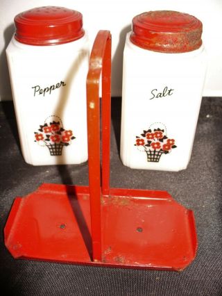 Vintage Tipp City Milk Glass Shakers Salt Pepper Flowers Red Metal Top Caddy Set 4