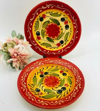 Pier 1 One Imports Spain Hand Painted Olive Dinner Plates Set Of 2 Red Yellow 11