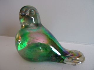 Joe St Clair GREEN IRIDESCENT Glass Bird Paperweight Signed 2