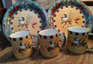 Two Lenox Winter Greetings Everyday Dinner Plate Chickadee 10.  5” & 3 Coffee Mugs