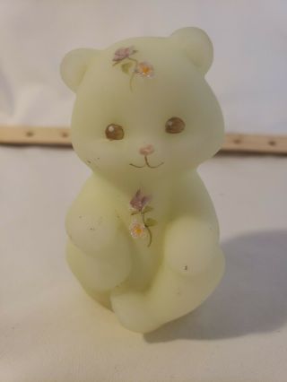 Fenton Hand Painted Perfect Glass Bear Figurine - Yellow Flowers Signed J Steven