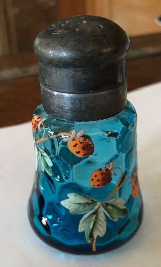 Antique Hand Painted Strawberries On Aqua Blue Glass Salt Shaker With Metal Lid
