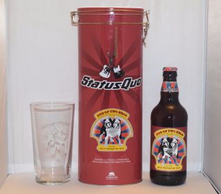 Stuatus Quo Ltd Ed.  ETCHED BEER GLASS & COLLECTABLE TIN & EMPTY BOTTLE (NO BEER) 2