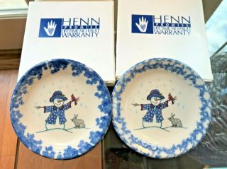 Set Of 2 Henn Pottery Blue Holiday Small Dessert Plates With Cute Snowman
