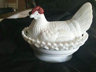 Milk Glass Hen On Unique Nest Dish,  Vintage Chicken,  Westmoreland Glass Hen