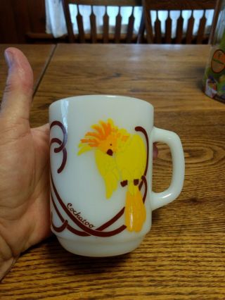 Rare Vintage Fire King Cockatoo Milkglass Mug