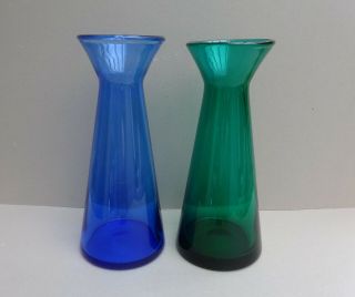 Two Vintage Glass Hyacinth Bulb Vases - 1 Blue / 1 Green