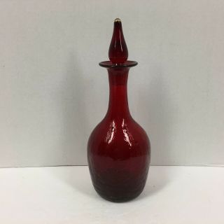 11 " Blenko Ruby Red Crackle Glass Decanter W Flame Stopper