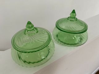 Green Depression Vaseline Glass Swirled Candy Dish / Jar W Lid / Set Of Two