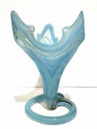 Vintage Trumpet Vase W/swirl Stem Vase - Murano Style - Blue - Art Glass