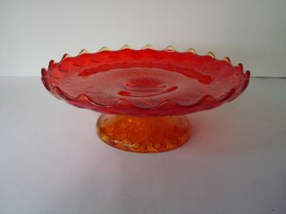 Vintage Red Amberina Ruffled Edge Glass Yellow Footed Pedestal Compote Bowl/dish