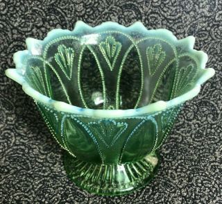 Vintage 1906 Northwood Roulette Green Opalescent Beaded Oval Footed Bowl 4.  75 " H
