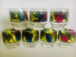 Set Of 7 Vintage Libbey “stained Glass” Fruit Themed Juice / Cocktail Glassware